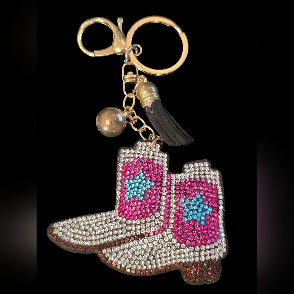 Rhinestone Cowboy Boots Bag Charm / Keychain with Tassel
